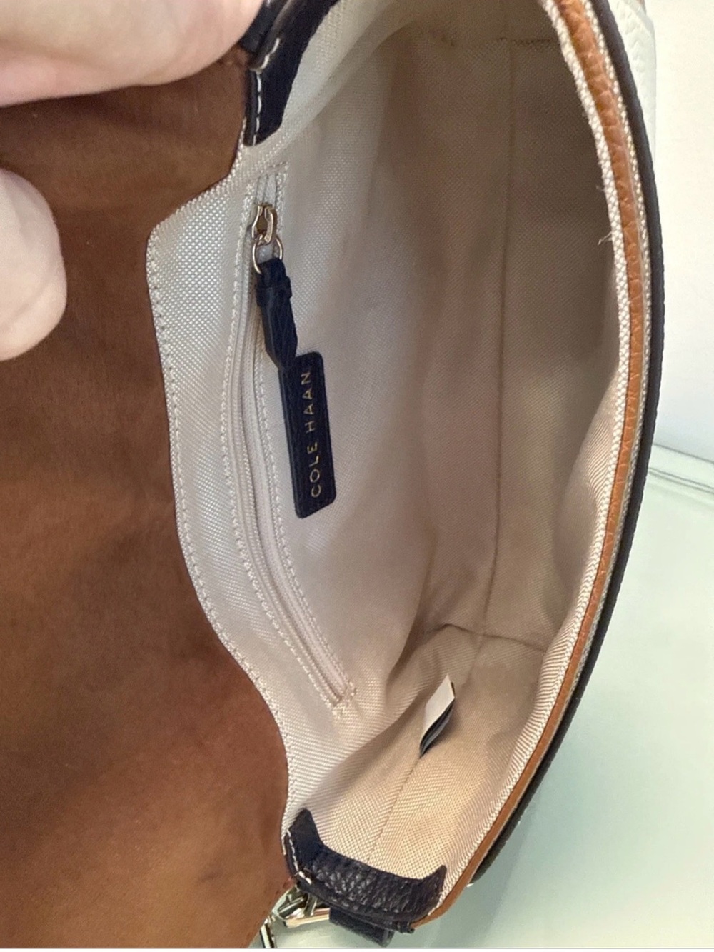 Cole Haan Navy, Brown & Cream Colorblock Leather Crossbody - Picture 3 of 6